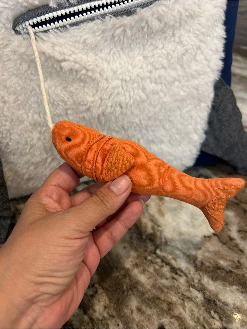 Pottery barn kids shark bite plush Throw Pillow with movable Fish a few stains